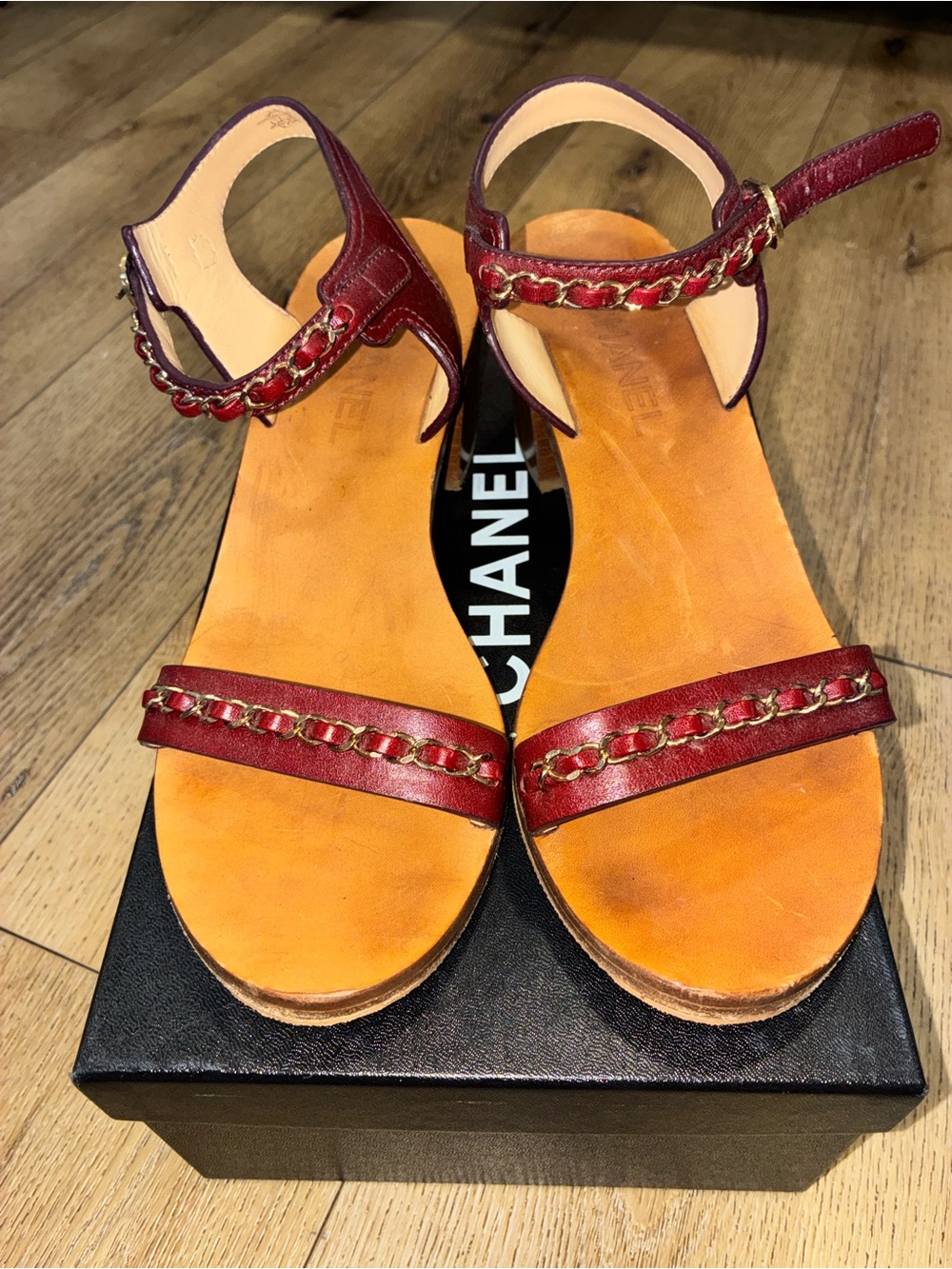 Chanel Burgundy Chain-Trim Leather Sandals 39.5